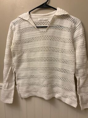 Ballinger Gold White Open-Knit Collared Sweater Top
